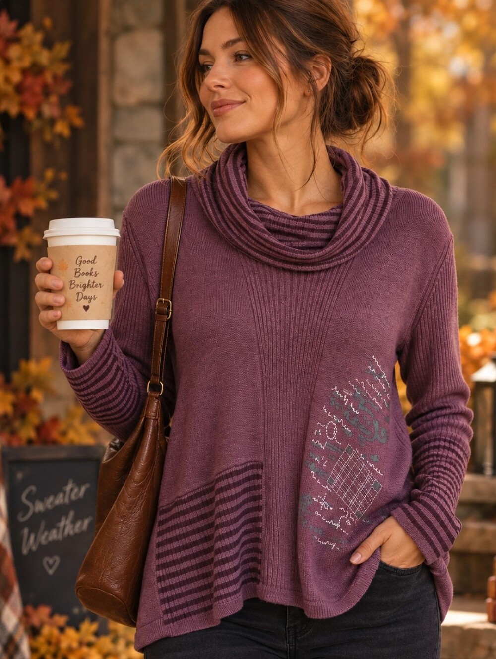 Claire France Plum Striped Cowl Neck Sweater 2X